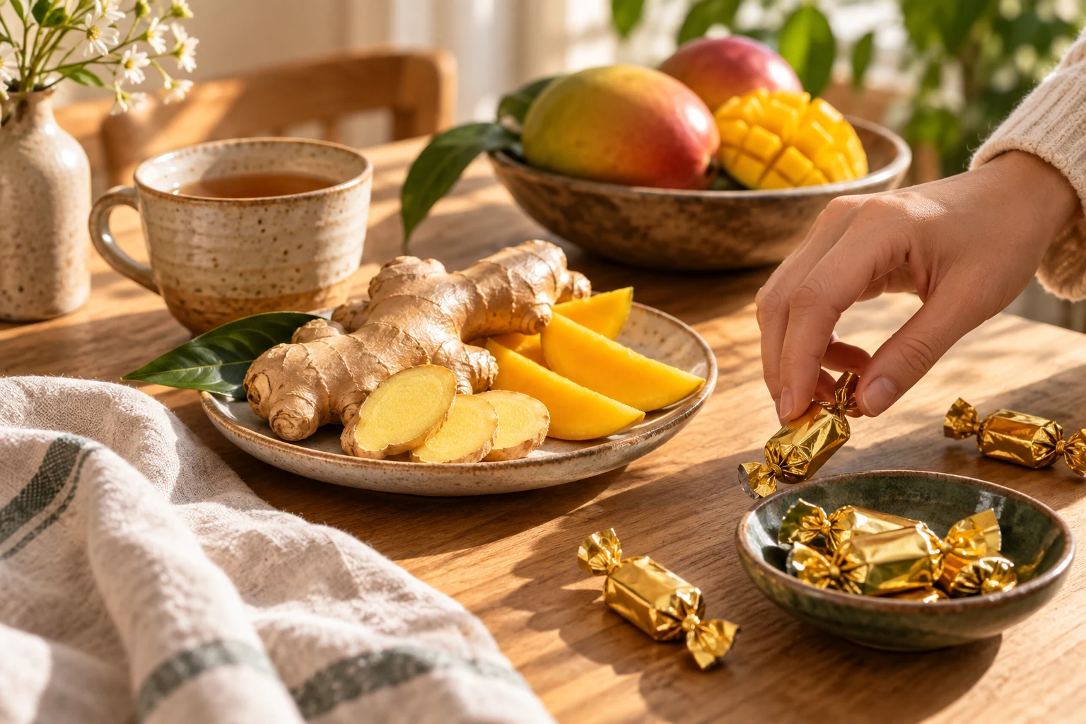 A sunny tea break with ginger, mango and gold-wrapped sweets
